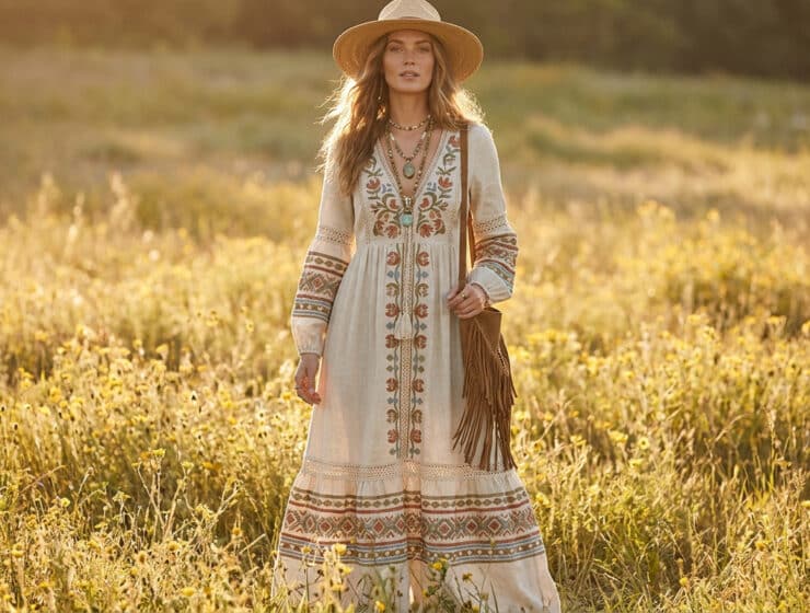 Une femme blonde portant une robe longue bohème, un chapeau de paille et un sac à franges dans un champ de fleurs.
