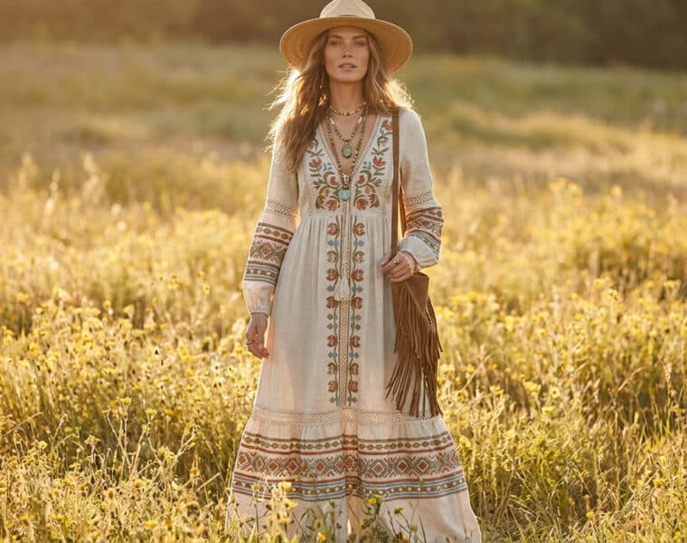 Une femme blonde portant une robe longue bohème, un chapeau de paille et un sac à franges dans un champ de fleurs.