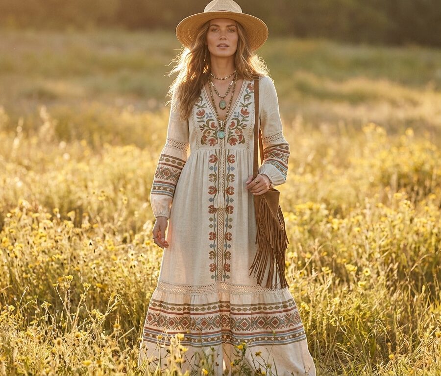 Une femme blonde portant une robe longue bohème, un chapeau de paille et un sac à franges dans un champ de fleurs.