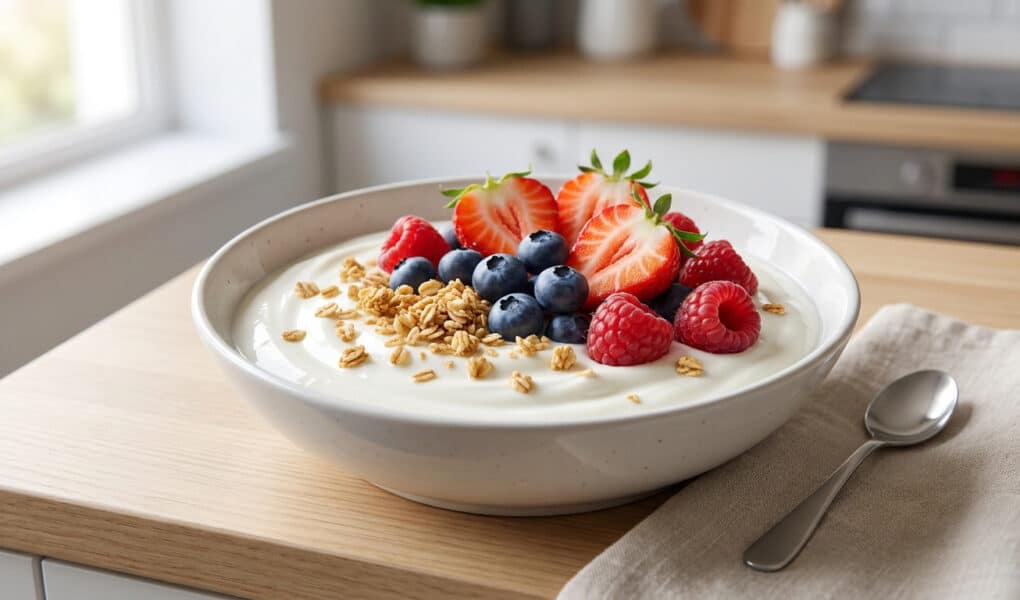 Un bol de fromage blanc garni de fraises, framboises, myrtilles et granola sur un comptoir de cuisine.