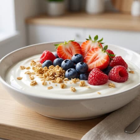 Un bol de fromage blanc garni de fraises, framboises, myrtilles et granola sur un comptoir de cuisine.