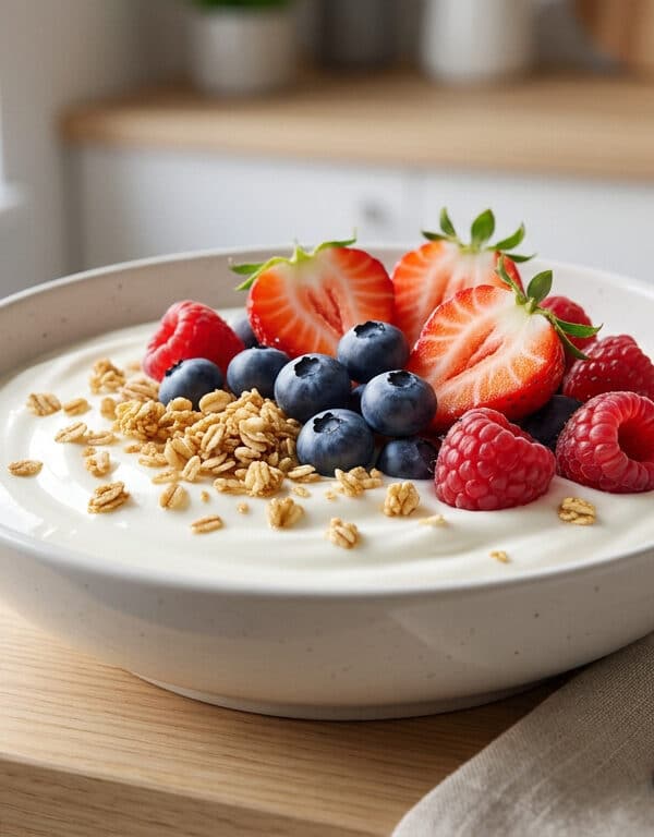 Un bol de fromage blanc garni de fraises, framboises, myrtilles et granola sur un comptoir de cuisine.