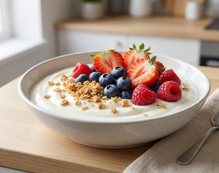 Un bol de fromage blanc garni de fraises, framboises, myrtilles et granola sur un comptoir de cuisine.