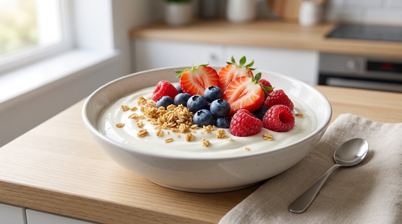 Un bol de fromage blanc garni de fraises, framboises, myrtilles et granola sur un comptoir de cuisine.