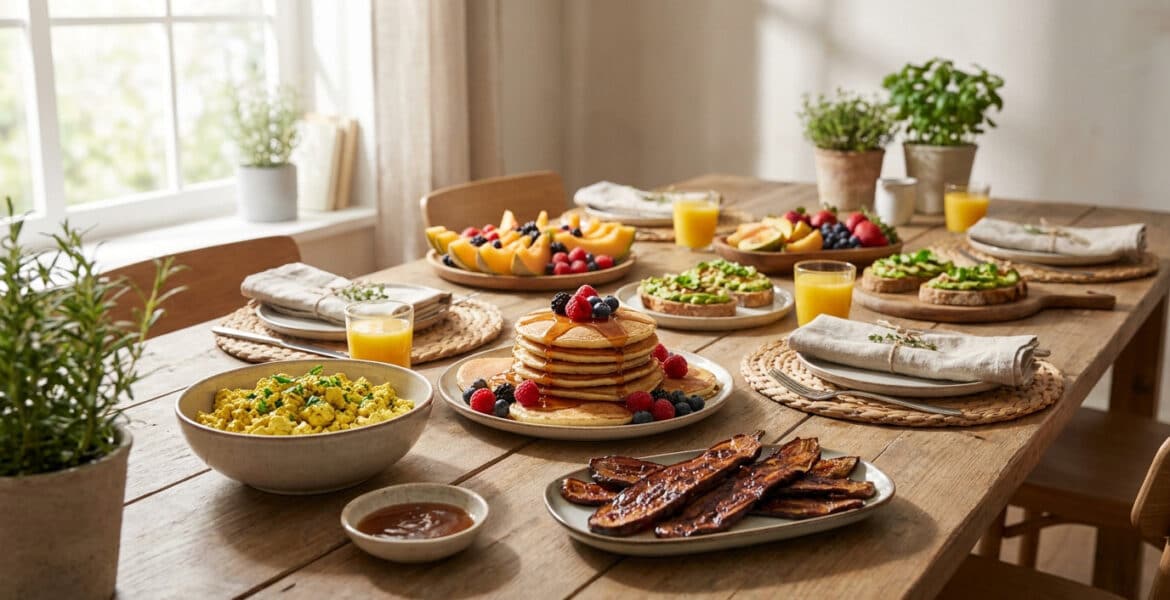 Table en bois dressée pour un brunch vegan avec pancakes, tofu brouillé, toasts à l'avocat et fruits frais.