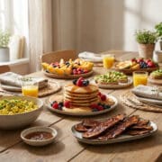 Table en bois dressée pour un brunch vegan avec pancakes, tofu brouillé, toasts à l'avocat et fruits frais.