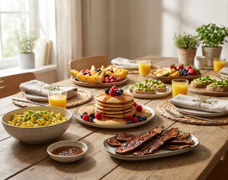 Table en bois dressée pour un brunch vegan avec pancakes, tofu brouillé, toasts à l'avocat et fruits frais.