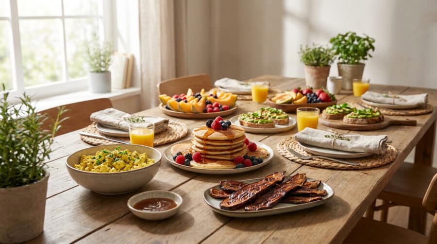 Table en bois dressée pour un brunch vegan avec pancakes, tofu brouillé, toasts à l'avocat et fruits frais.