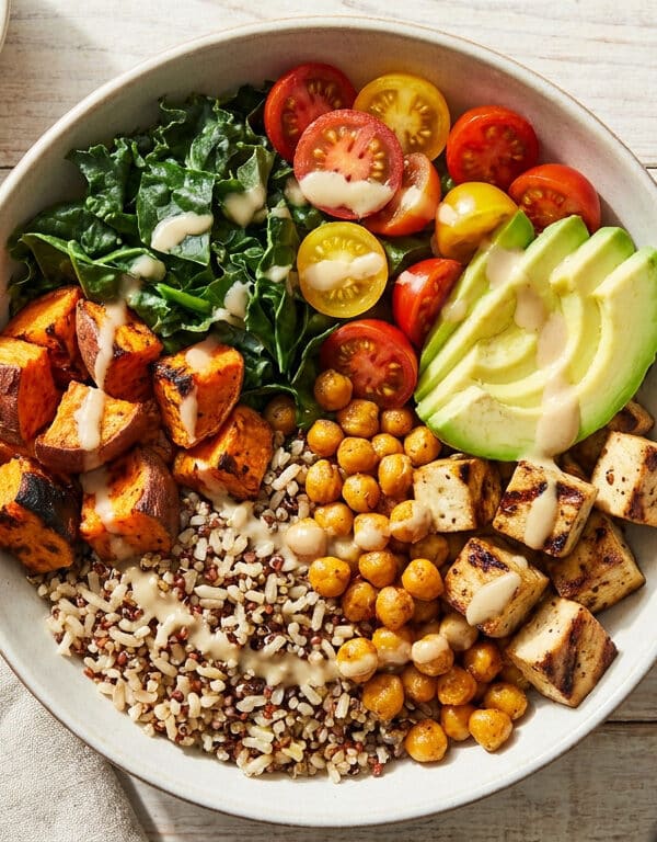 Un bol coloré composé de quinoa, pois chiches, tofu, patates douces, avocat, tomates cerises et chou kale.