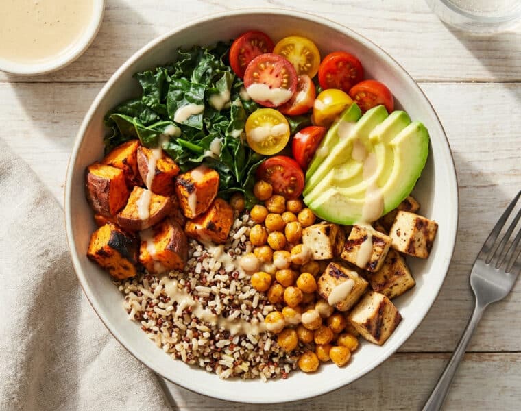Un bol coloré composé de quinoa, pois chiches, tofu, patates douces, avocat, tomates cerises et chou kale.