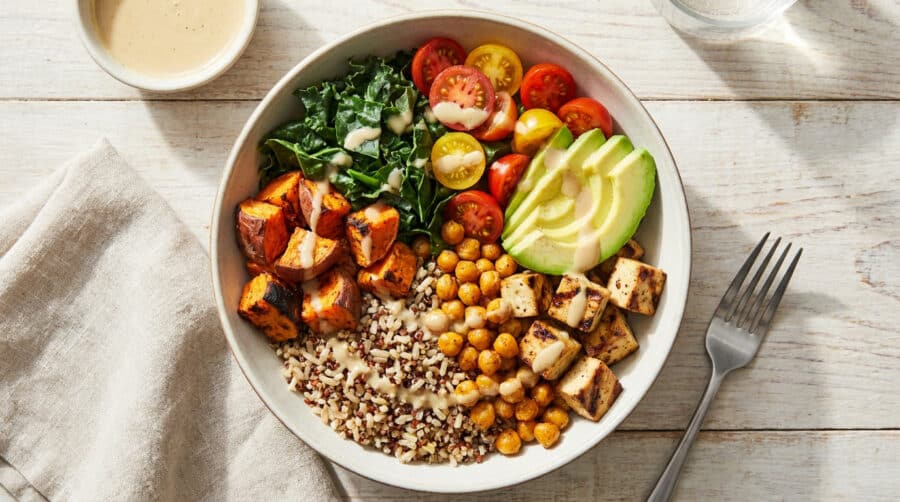 Un bol coloré composé de quinoa, pois chiches, tofu, patates douces, avocat, tomates cerises et chou kale.
