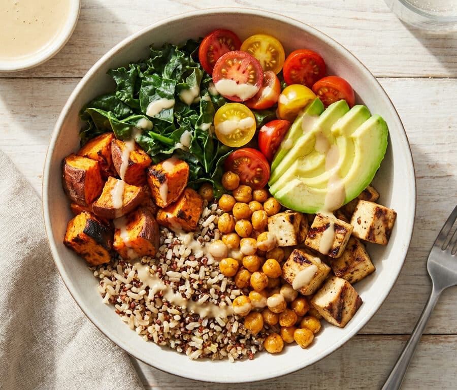 Un bol coloré composé de quinoa, pois chiches, tofu, patates douces, avocat, tomates cerises et chou kale.