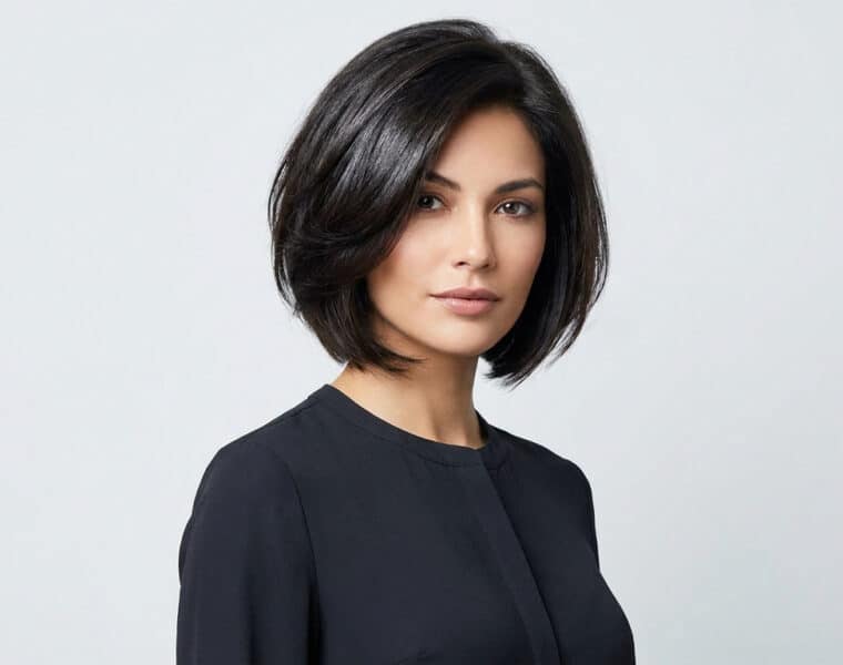 Portrait d'une femme aux cheveux bruns avec une coupe au carré plongeant volumineuse sur fond gris clair.