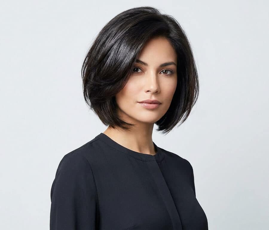 Portrait d'une femme aux cheveux bruns avec une coupe au carré plongeant volumineuse sur fond gris clair.