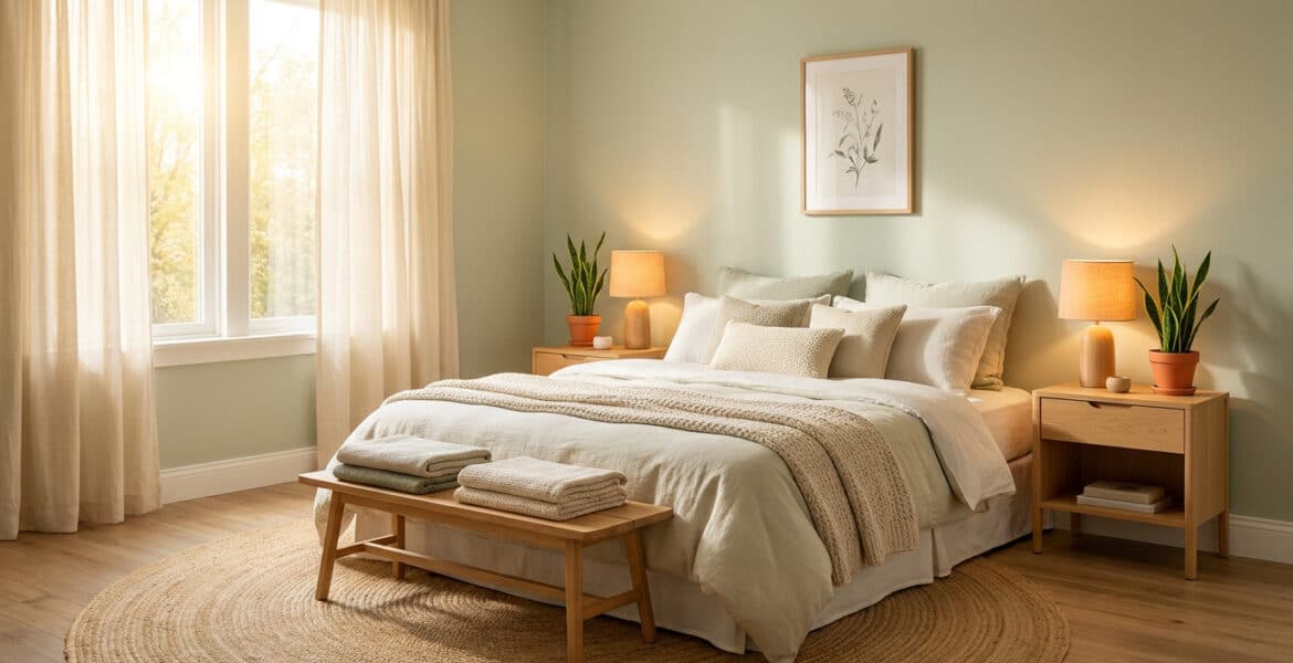 Chambre lumineuse aux tons verts sauge avec un lit confortable, des plantes vertes et une décoration minimaliste.