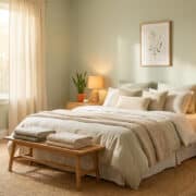 Chambre lumineuse aux tons verts sauge avec un lit confortable, des plantes vertes et une décoration minimaliste.