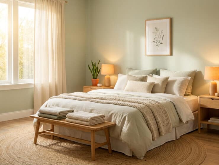 Chambre lumineuse aux tons verts sauge avec un lit confortable, des plantes vertes et une décoration minimaliste.