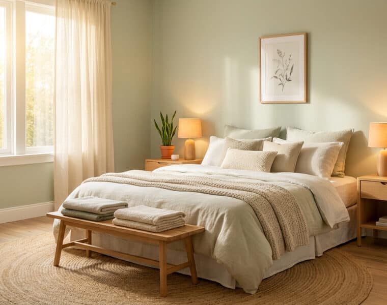 Chambre lumineuse aux tons verts sauge avec un lit confortable, des plantes vertes et une décoration minimaliste.