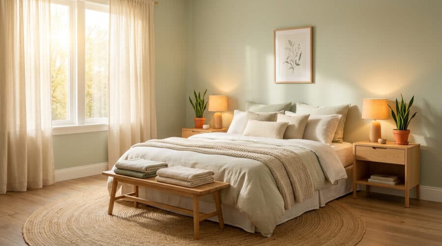 Chambre lumineuse aux tons verts sauge avec un lit confortable, des plantes vertes et une décoration minimaliste.