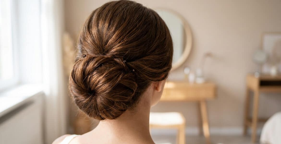 Vue arrière d'une femme avec un chignon brun élégant, dans une chambre lumineuse avec une coiffeuse en arrière-plan.