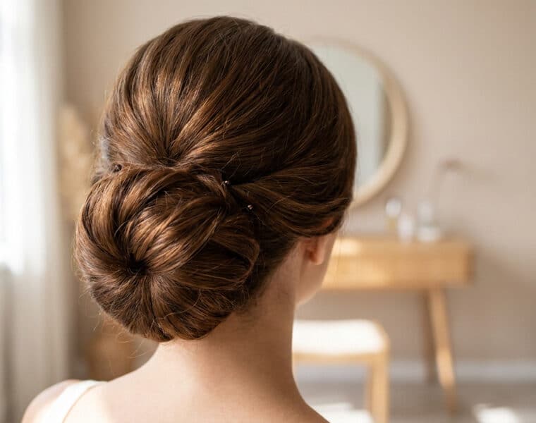 Vue arrière d'une femme avec un chignon brun élégant, dans une chambre lumineuse avec une coiffeuse en arrière-plan.