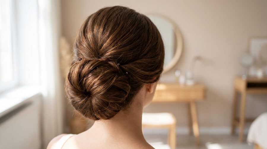 Vue arrière d'une femme avec un chignon brun élégant, dans une chambre lumineuse avec une coiffeuse en arrière-plan.