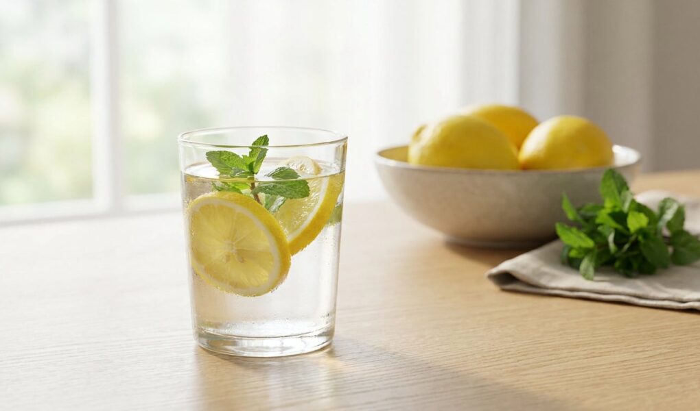 Un verre d'eau infusée au citron et à la menthe sur une table en bois, avec un bol de citrons en arrière-plan.