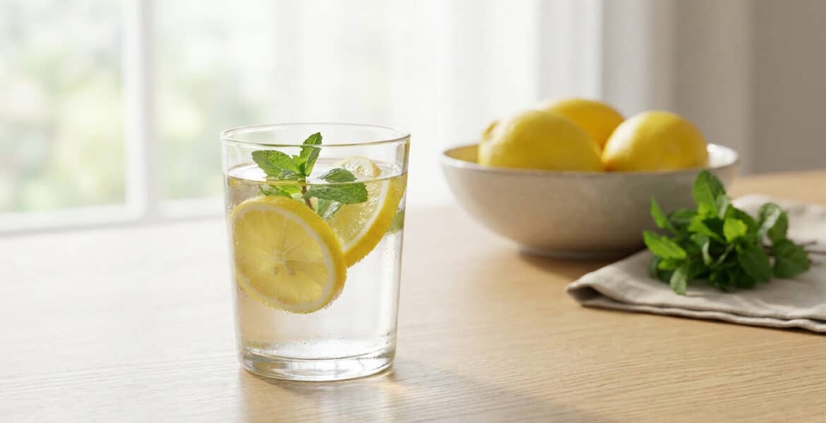 Un verre d'eau infusée au citron et à la menthe sur une table en bois, avec un bol de citrons en arrière-plan.