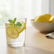 Un verre d'eau infusée au citron et à la menthe sur une table en bois, avec un bol de citrons en arrière-plan.