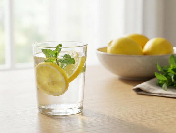 Un verre d'eau infusée au citron et à la menthe sur une table en bois, avec un bol de citrons en arrière-plan.