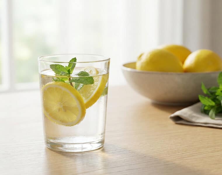 Un verre d'eau infusée au citron et à la menthe sur une table en bois, avec un bol de citrons en arrière-plan.