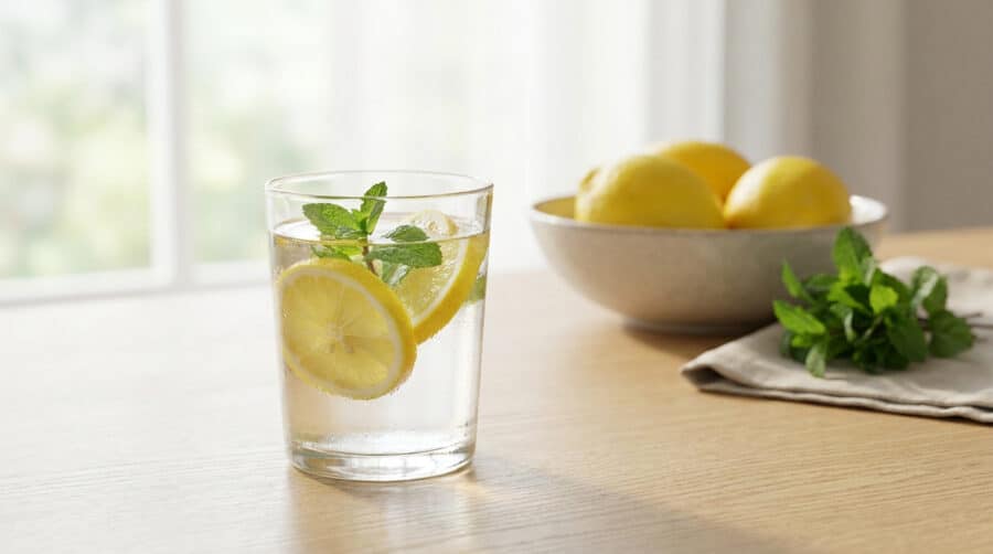 Un verre d'eau infusée au citron et à la menthe sur une table en bois, avec un bol de citrons en arrière-plan.
