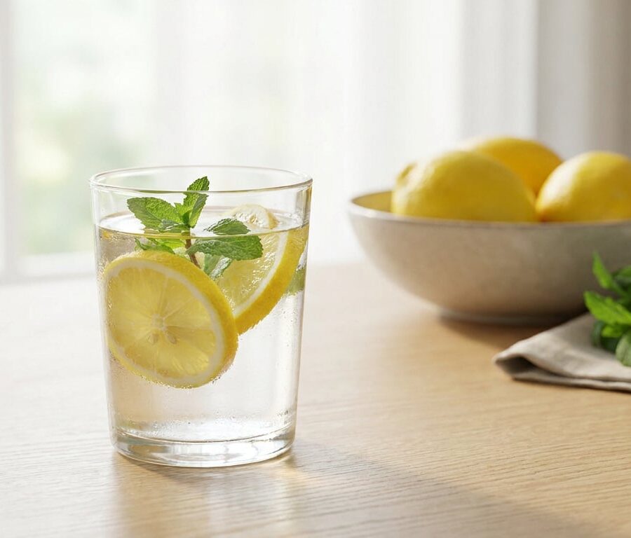 Un verre d'eau infusée au citron et à la menthe sur une table en bois, avec un bol de citrons en arrière-plan.