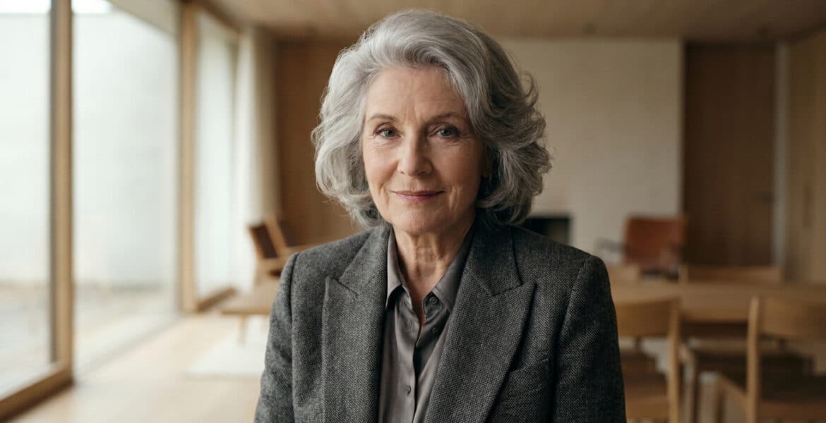 Portrait d'une femme mature aux cheveux gris élégants souriant face à la caméra dans un intérieur moderne.