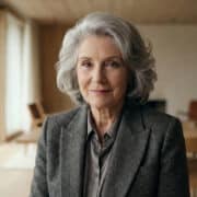 Portrait d'une femme mature aux cheveux gris élégants souriant face à la caméra dans un intérieur moderne.