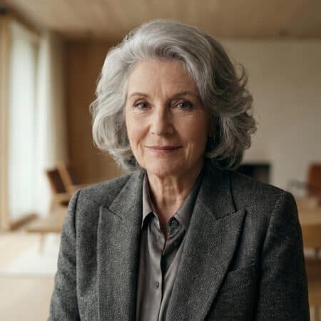 Portrait d'une femme mature aux cheveux gris élégants souriant face à la caméra dans un intérieur moderne.