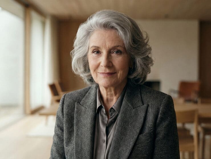 Portrait d'une femme mature aux cheveux gris élégants souriant face à la caméra dans un intérieur moderne.