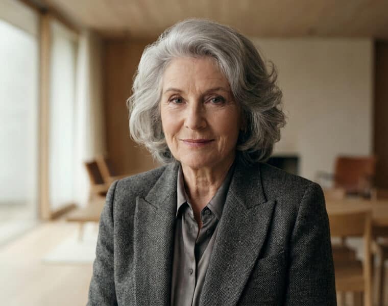 Portrait d'une femme mature aux cheveux gris élégants souriant face à la caméra dans un intérieur moderne.