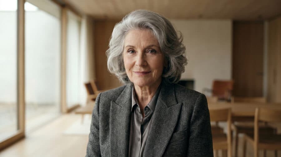 Portrait d'une femme mature aux cheveux gris élégants souriant face à la caméra dans un intérieur moderne.