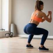 Une femme athlétique réalise un squat parfait dans une salle de sport lumineuse.