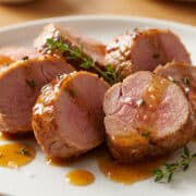 Tranches de filet mignon de porc laqué au miel, parsemées de thym frais sur une assiette blanche.