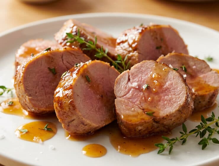 Tranches de filet mignon de porc laqué au miel, parsemées de thym frais sur une assiette blanche.
