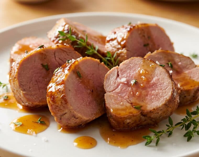 Tranches de filet mignon de porc laqué au miel, parsemées de thym frais sur une assiette blanche.
