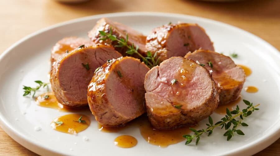 Tranches de filet mignon de porc laqué au miel, parsemées de thym frais sur une assiette blanche.