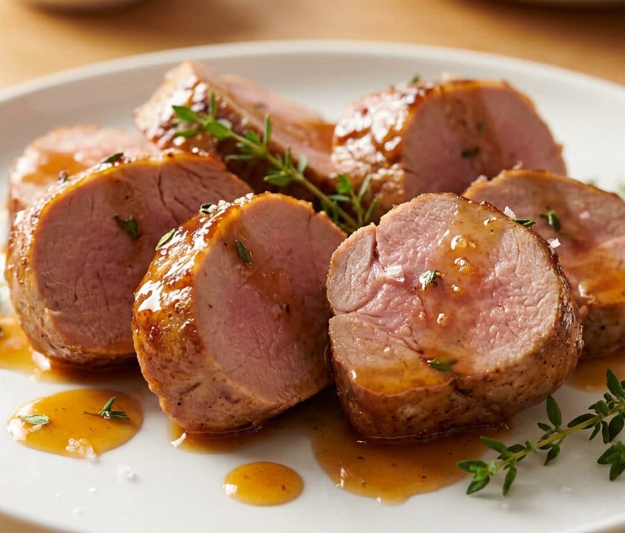 Tranches de filet mignon de porc laqué au miel, parsemées de thym frais sur une assiette blanche.