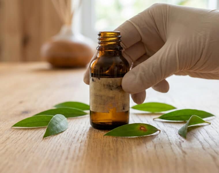 Une main gantée manipule un flacon d'huile essentielle entouré de feuilles vertes sur une table en bois.