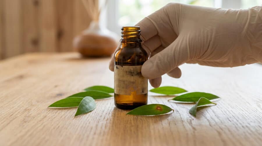 Une main gantée manipule un flacon d'huile essentielle entouré de feuilles vertes sur une table en bois.