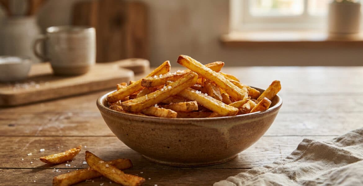 Un bol en céramique rempli de frites dorées saupoudrées de gros sel sur une table en bois rustique.