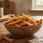 Un bol en céramique rempli de frites dorées saupoudrées de gros sel sur une table en bois rustique.