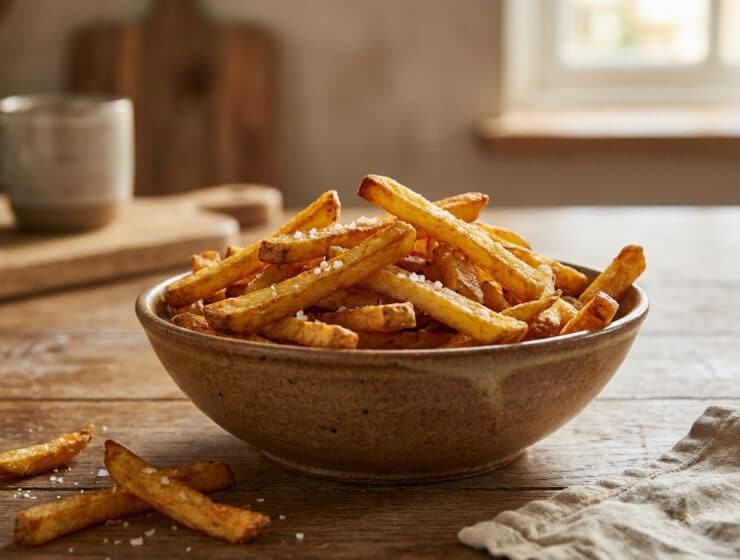 Un bol en céramique rempli de frites dorées saupoudrées de gros sel sur une table en bois rustique.